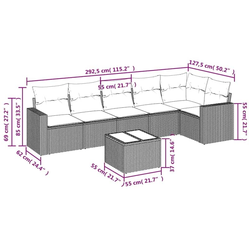 vidaXL Patio Sofa Set with Cushions Outdoor Conversation Furniture Poly Rattan - 25.8" x 24.4" x 27.2"