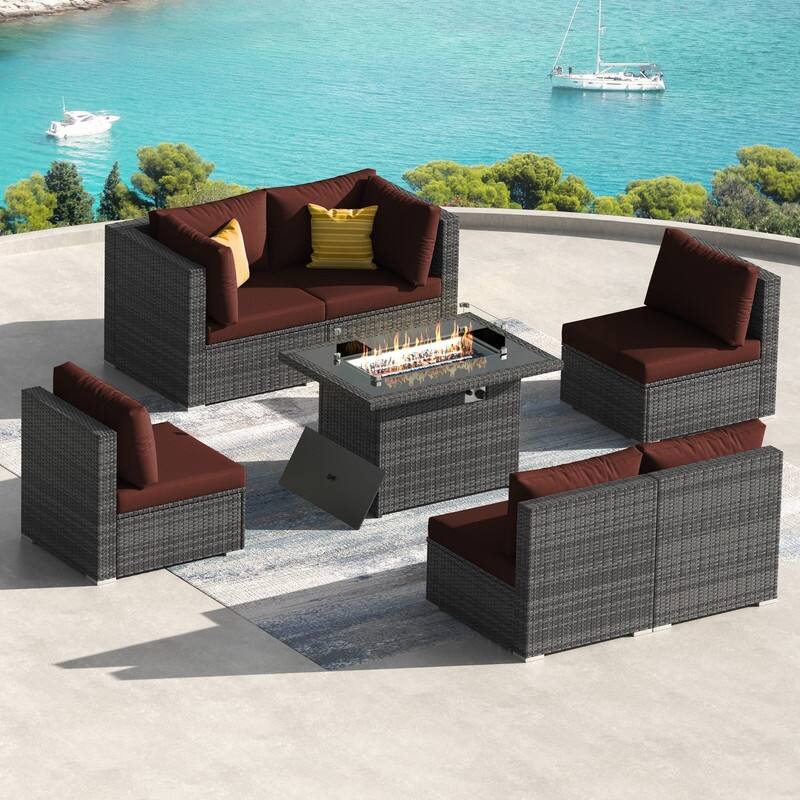 7 Piece Outdoor Sectional Modular Wicker Patio Conversation Set with 43'' Fire Pit Table and Cushion - Red