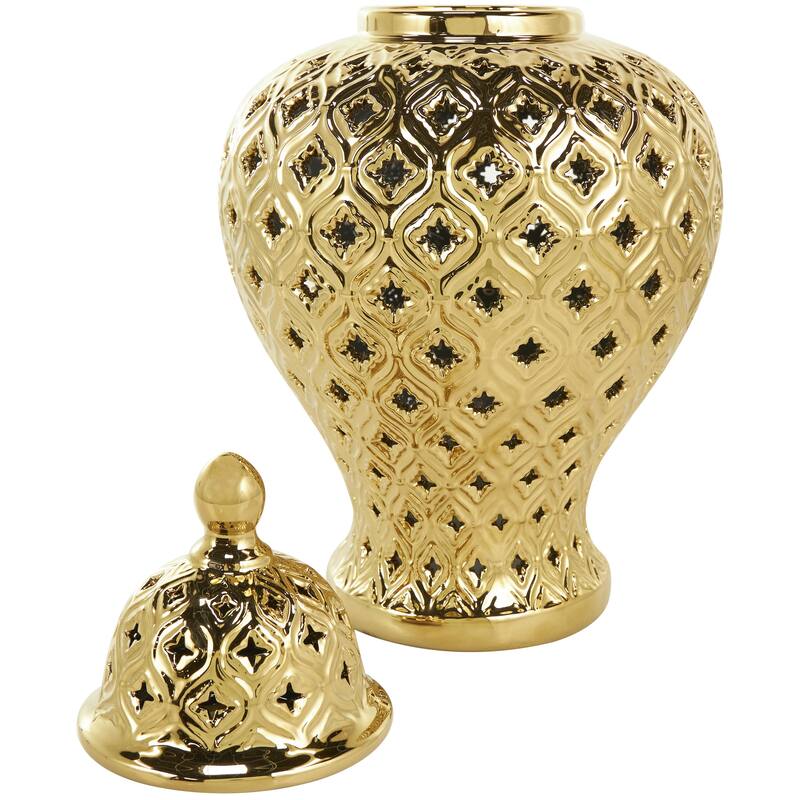 Ceramic Decorative Jars with Geometric Cutout Design and Lid - Gold - Roche River Decor