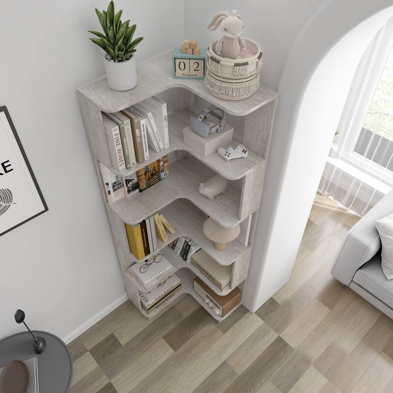 6-Tier L-Shaped Corner Bookshelf, Freestanding Wooden Bookcase with Anti-Drop Panel & Anti-Tip Device