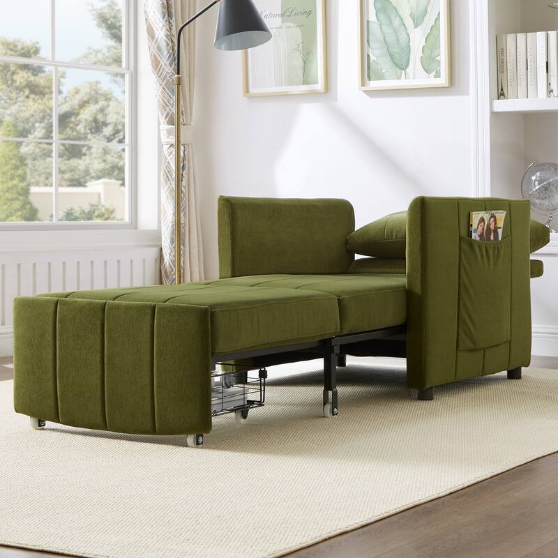 31.5" Pull Out Convertible Sleeper Sofa with 5 - Position Adjustable Backrest, Side Pockets and Storage, Green Chenille