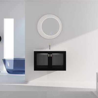 Wall-Mounted Bathroom Vanity with Ceramic Sink, Soft-Closing Doors, and Metal Handles, Black Chestnut Finish - 31.9in L Plywood