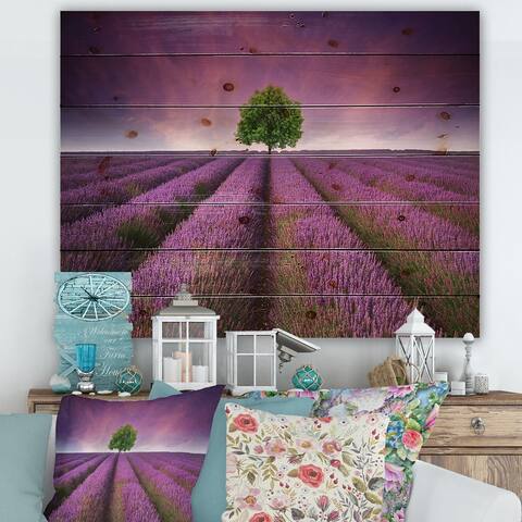 Designart 'Stunning Lavender Field Summer Sunset With Tree' Farmhouse Print on Natural Pine Wood