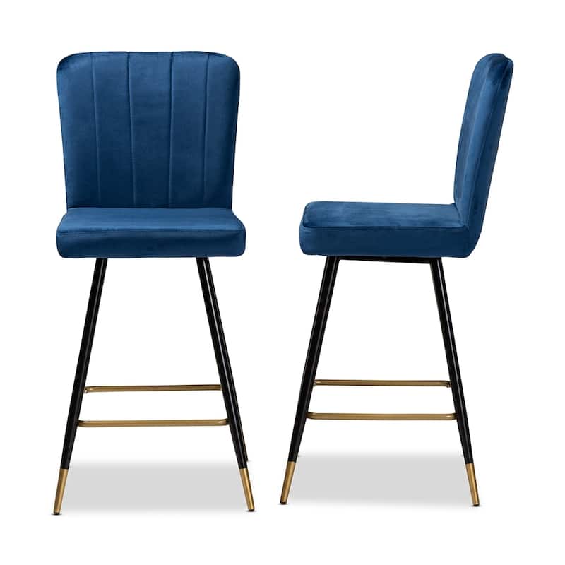Preston Modern Luxe and Glam Velvet Fabric Upholstered Black and Gold Finished Metal 2-Piece Bar Stool Set