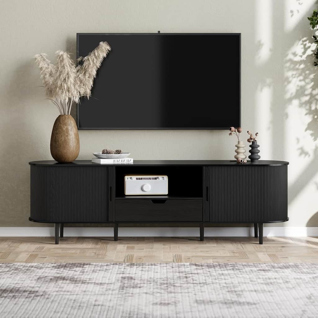 71" Fluted TV Stand with Power Outlet for TVs up to 80",Mid Century Modern TV Console with Adjustable Shelves and Sliding Door