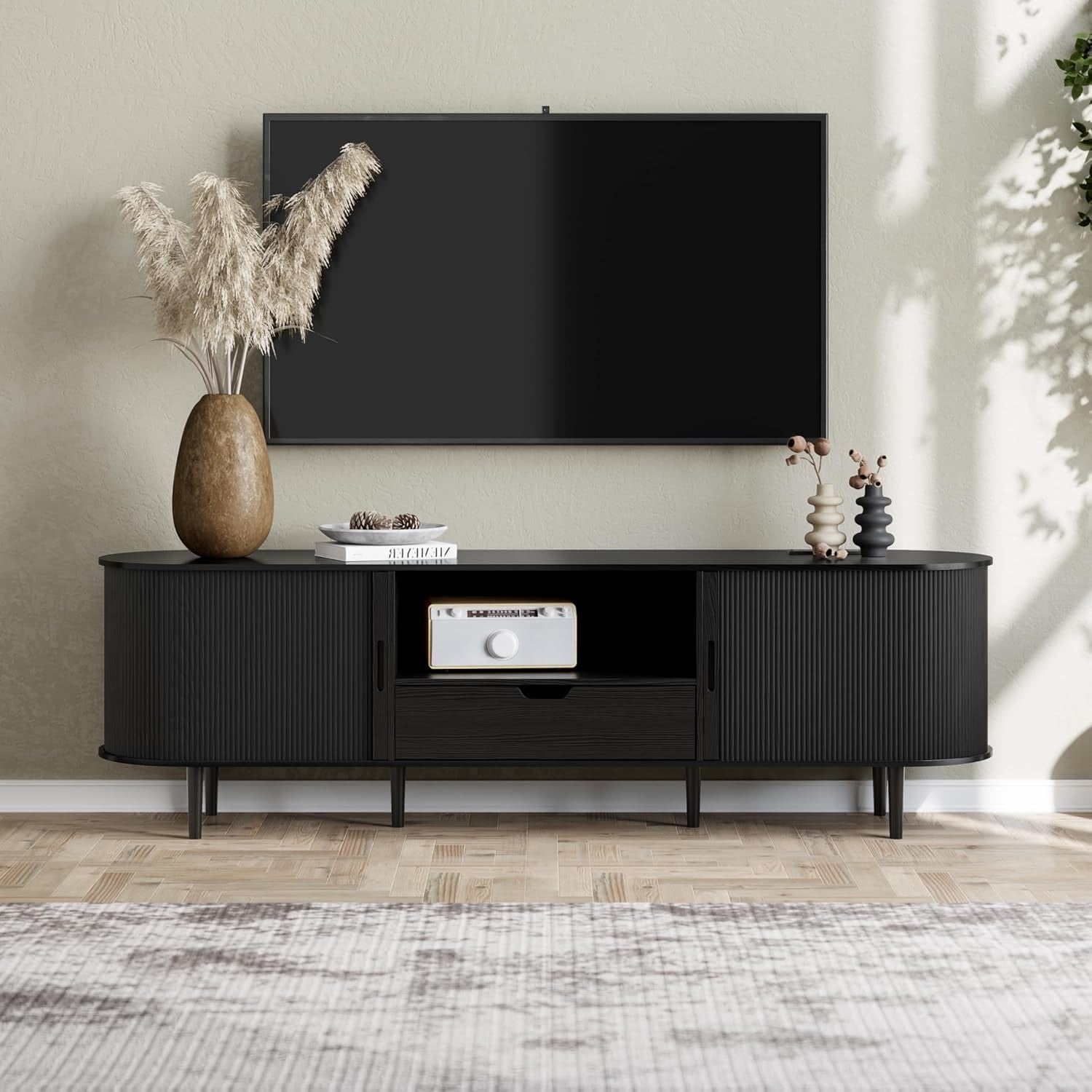 71" Fluted TV Stand with Power Outlet for TVs up to 80",Mid Century Modern TV Console with Adjustable Shelves and Sliding Door