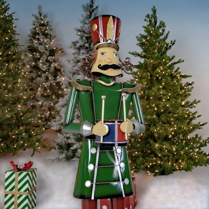 Iron Christmas Green Nutcracker "Leo" Holding Drum - 19"x15"x60"