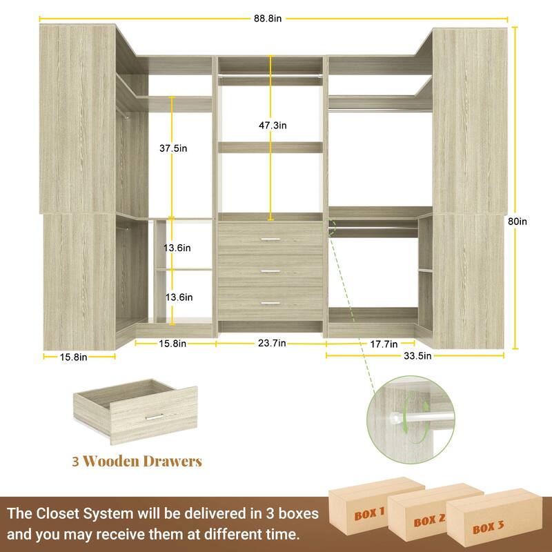 Cimly Set of 3 Closet Organizer with Drawers, U Shaped Freestanding Closet System