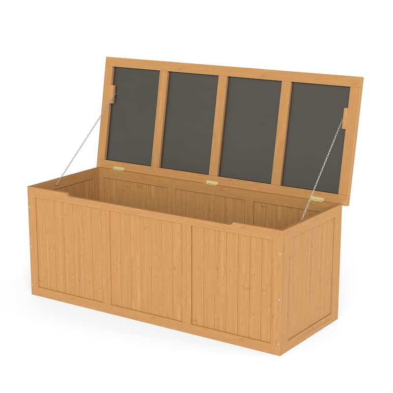 112 Gallon Outdoor Wooden Deck Box Solid Wood Storage Box Seat & Table Top for Patio Furniture Cushions, Pool Toys,Garden Tools