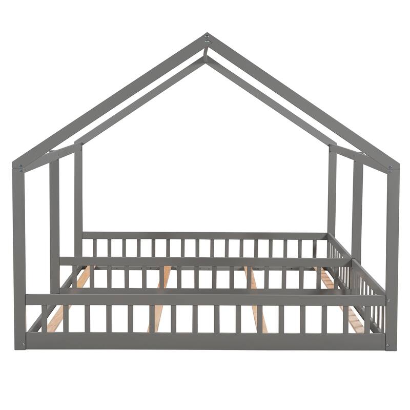 Gray Twin Size House Platform Beds with Guardrails, 2 Shared Beds