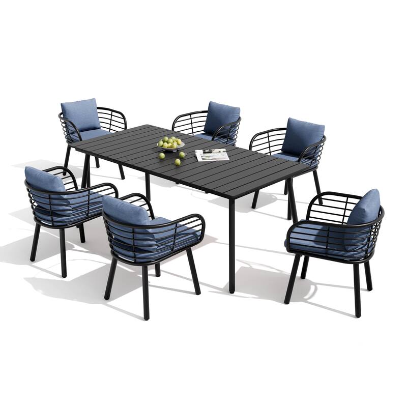 7-PC Outdoor Patio Aluminum Dining Set Table With Dining Chairs Sunbrella Seat&Back Cushions - Table-Black&Chairs-SpectrumDenim