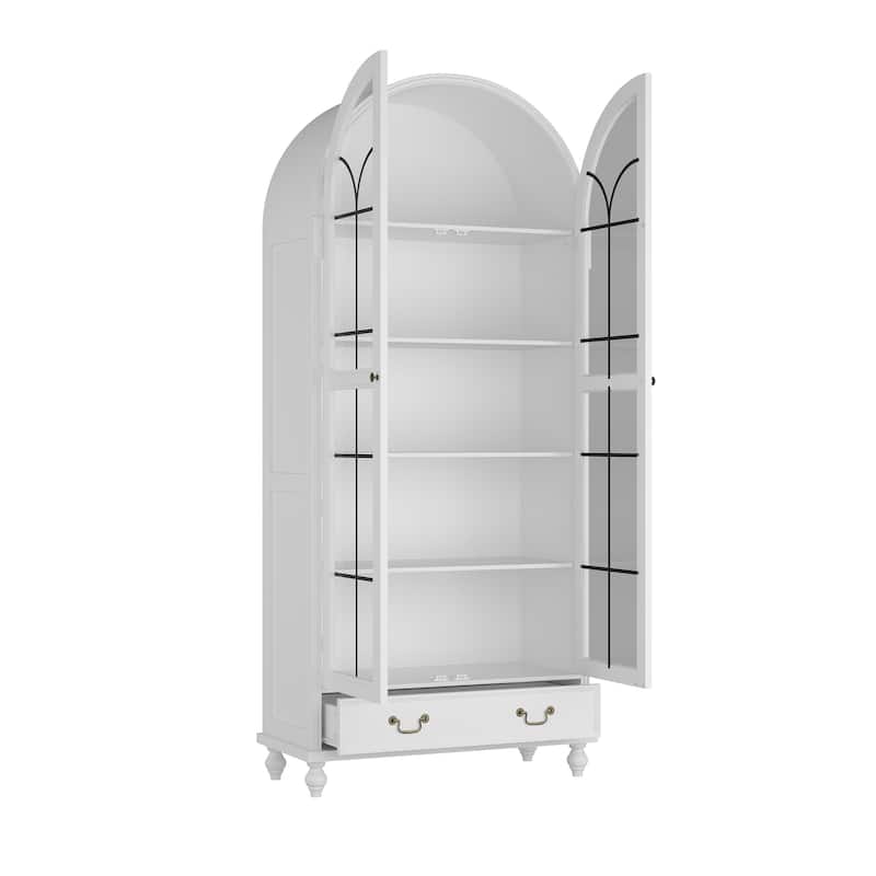 Arched Glass Display Cabinet with Drawer, Tall Curio Bookshelf for Living Room