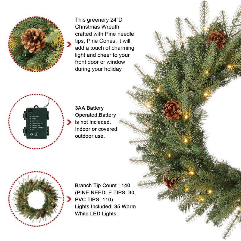 Glitzhome 24"D Pre-Lit Christmas Wreath with LED Light and Timer