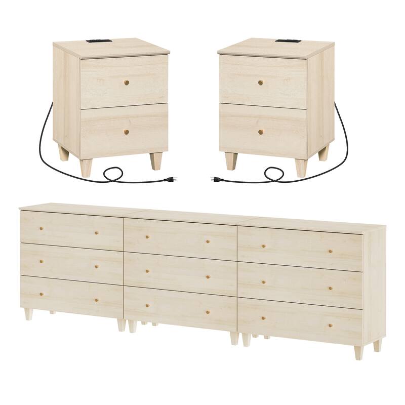 WAMPAT 9-Drawer Wide Dresser and Nightstands Set of 3 for Bedroom - Light Oak - 3 Piece