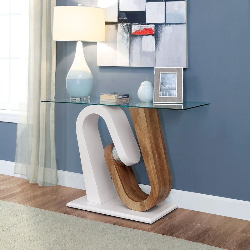 Tong Contemporary White and Natural Geometric Base 47-inch Glass Top Sofa Table by Strick & Bolton - White