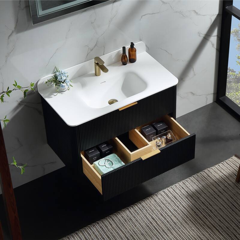 Modland Fluted Floating Vanity with Sink, Plywood Wall Mount Cabinet, Curved Edge, 24/30/36 Inch