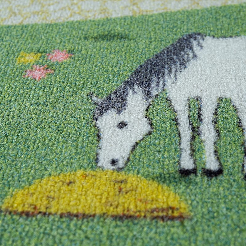 Kids Play Mat Rug Happy Horse Farm for Playroom Green