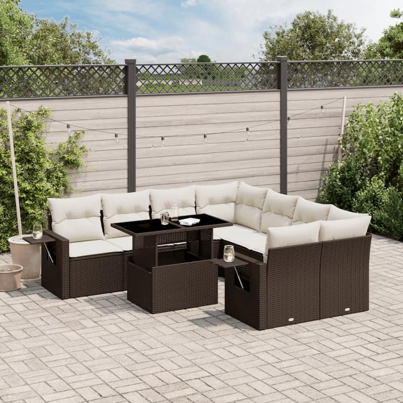 vidaXL Patio Sofa Set with Cushions Outdoor Furniture 9 Piece Poly Rattan - 24.4 x 24.4 x 27.2 - Brown and Cream-without storage
