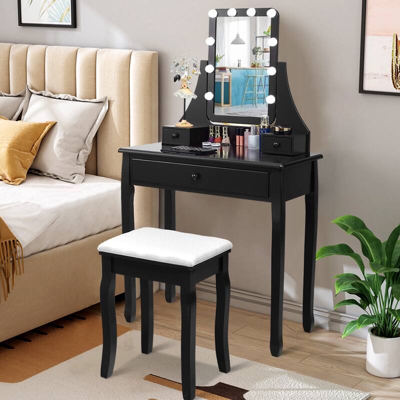 Costway Vanity Table 10 Dimmable Bulbs Makeup Desk WhiteBlackBrown - Black