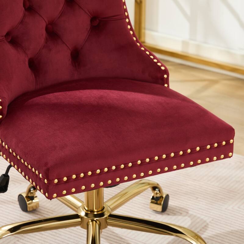 Velvet Swivel Office Chair with Wheels, Tufted Button Home Office Chair, Adjustable Vanity Chair with Metal Base