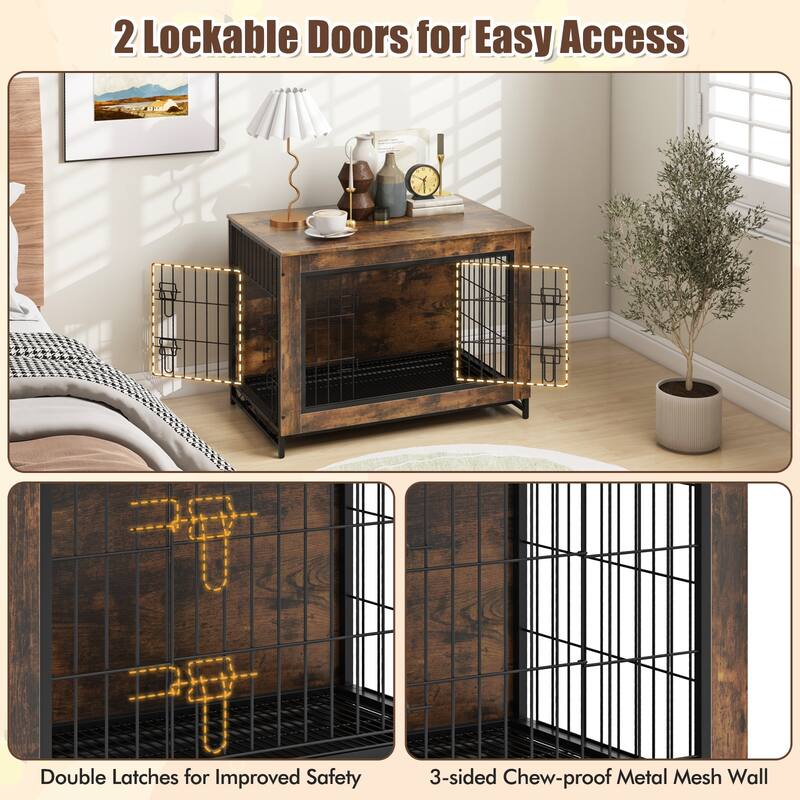 Dog Crate Furniture with Double Lockable Doors and Easy Clean Tray