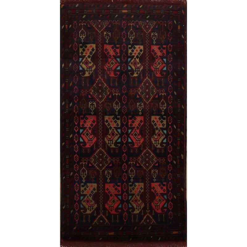 Hand Knotted Oriental 100% Wool Carpet Traditional Geometric Red Balouch Area Rug - 3' 7'' X 1' 10''