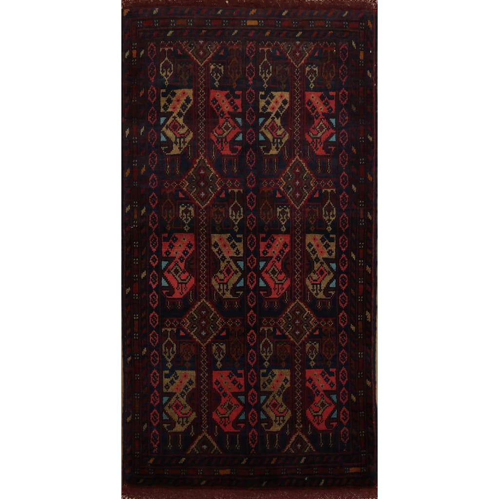 Hand Knotted Oriental 100% Wool Carpet Traditional Geometric Red Balouch Area Rug - 3' 7'' X 1' 10''
