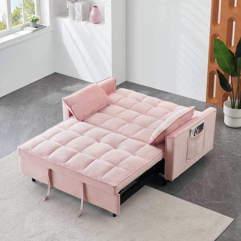 Modern Velvet Loveseat Sofa, 55" 2-Seater Futon Sofa Couch with Pullout Bed, 3-in-1 Convertible Sleeper Couches, Pink