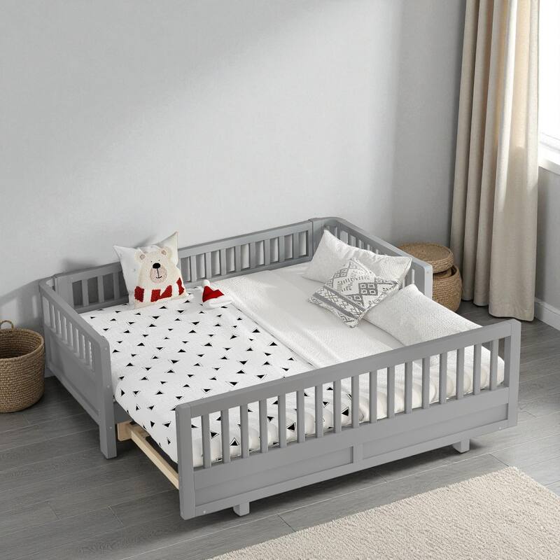 Convertible Twin/Twin XL Solid Wood Platform Bed with Guardrails, Expands to Double Twin or Queen Size, Durable Frame - Grey - Twin