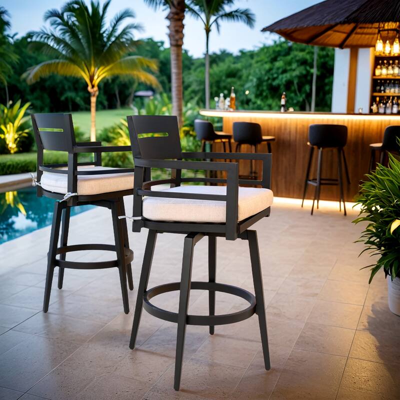 Modern Outdoor 2-Piece Swivel Bar Chairs, 360° Swivel, Tapered Legs, Sunbrella Cushion, Weather-Resistant Patio Bar Stool - Ember Black