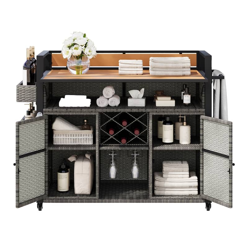 Marils Wicker Rolling Kitchen Island with Extended Plastic Wood Table Top(53-in x28-in x42-in)
