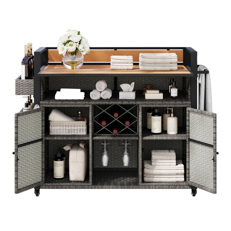 Rolling Outdoor Kitchen Island with Poly Wood Tabletop, Storage Shelves, Spice Racks & Wine Glass Holder for Dining