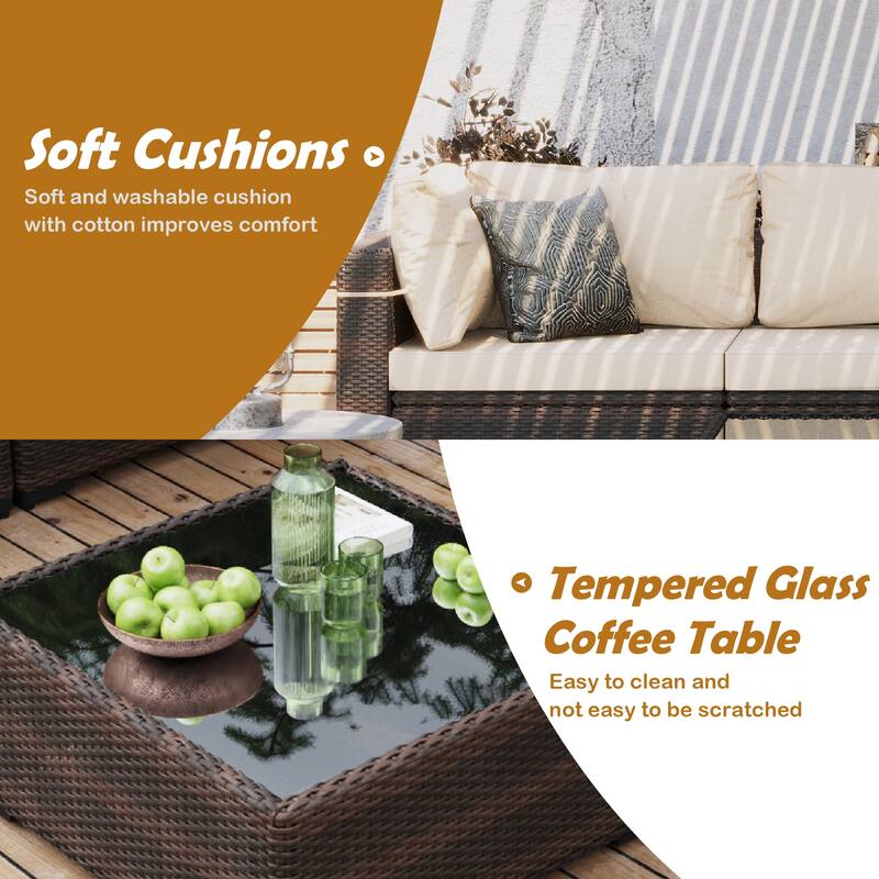UPHA 9 Pieces Patio Furniture Set Outdoor Sectional Sofa Set, Rattan Wicker Conversation Set with Coffee Table and Ottomans