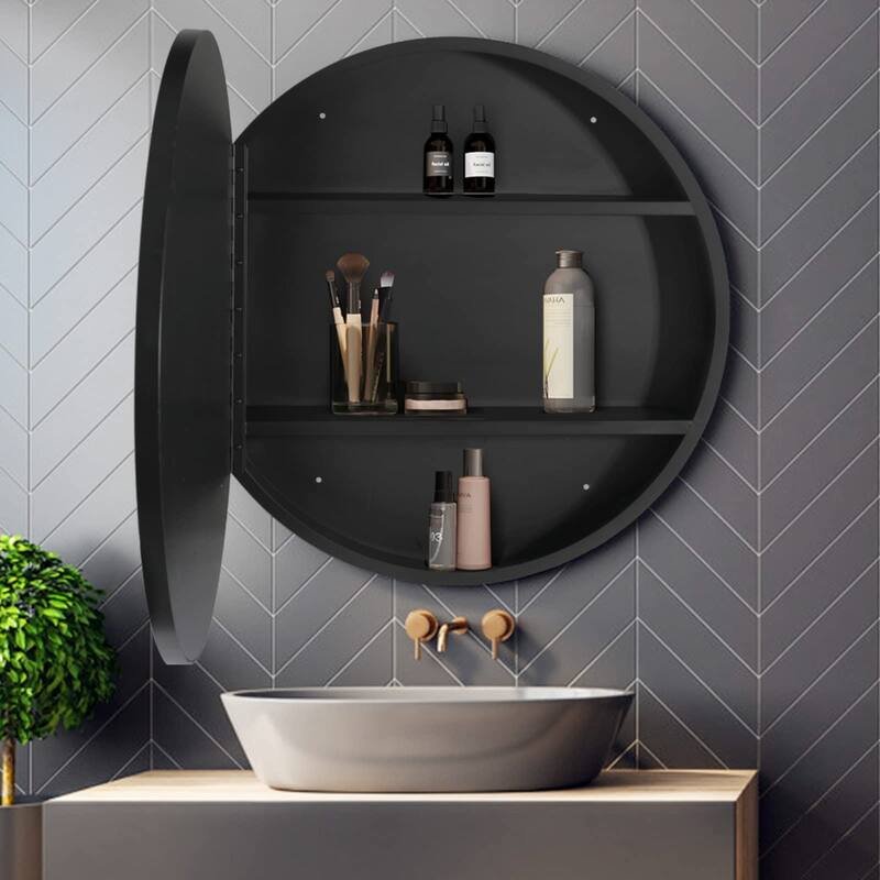 30 in. W x 30 in. H Round Surface Mount Black Bathroom Medicine Cabinet with Mirror