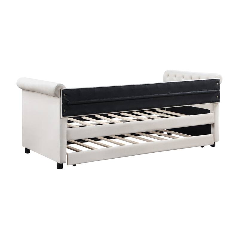 Daybed with Trundle Upholstered Tufted Sofa Bed with Beautiful Round Armset Design