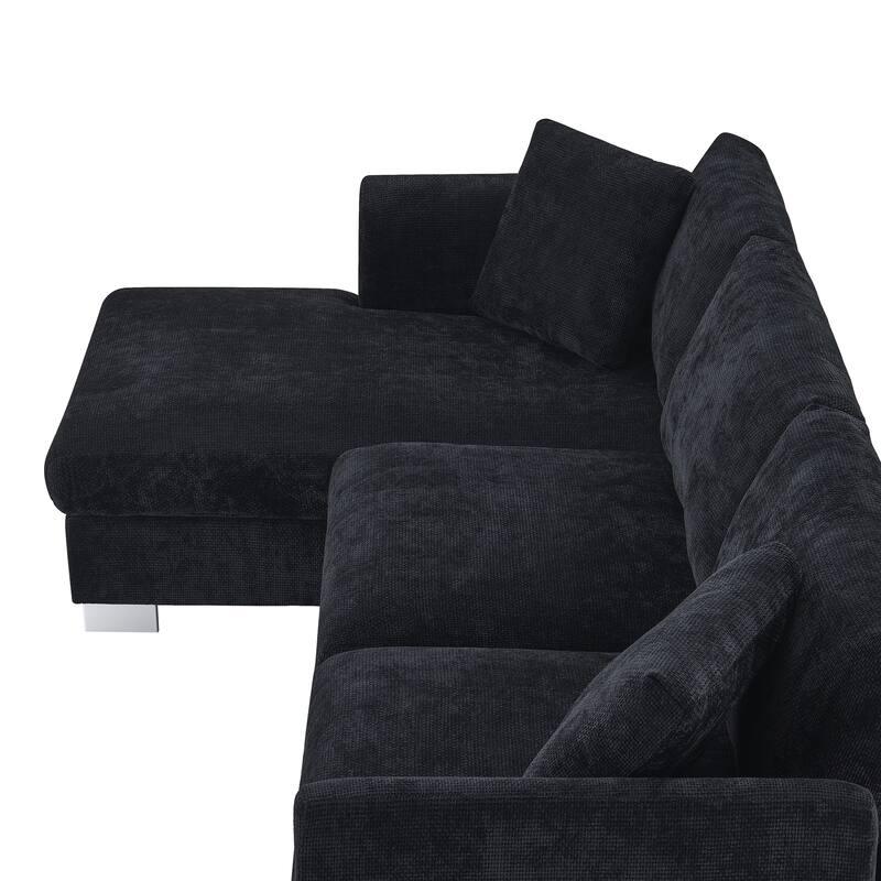 L-Shaped Sectional Sofa with Chaise Lounge, Oversized Chenille Upholstered Sofa, 4 Seater Sofa with 2 Throw Pillows