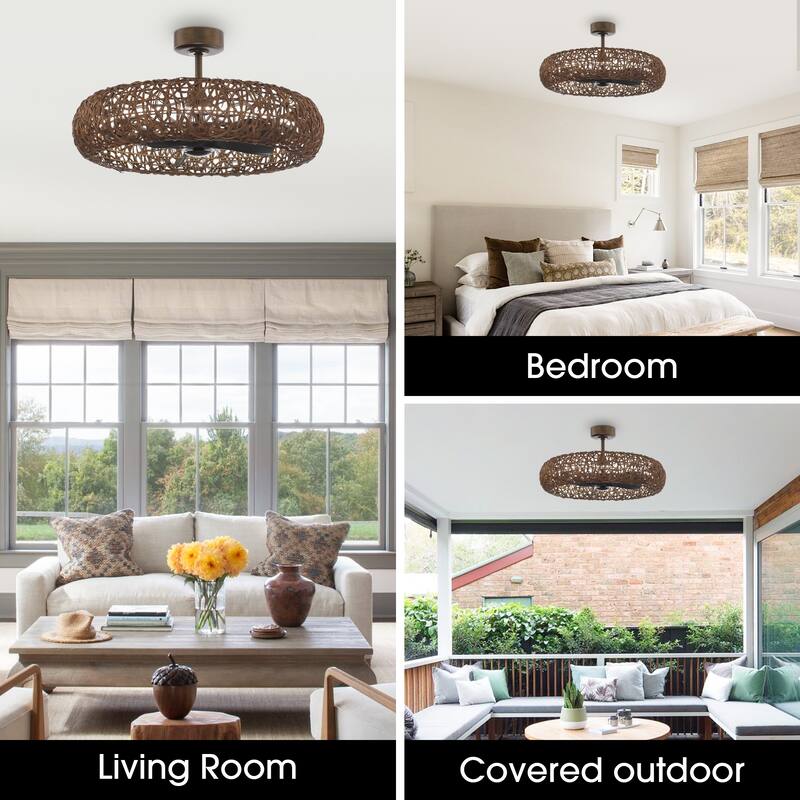 Perimost 35" Coastal Rattan 6-Speed Caged Ceiling Fan with Light and Remote