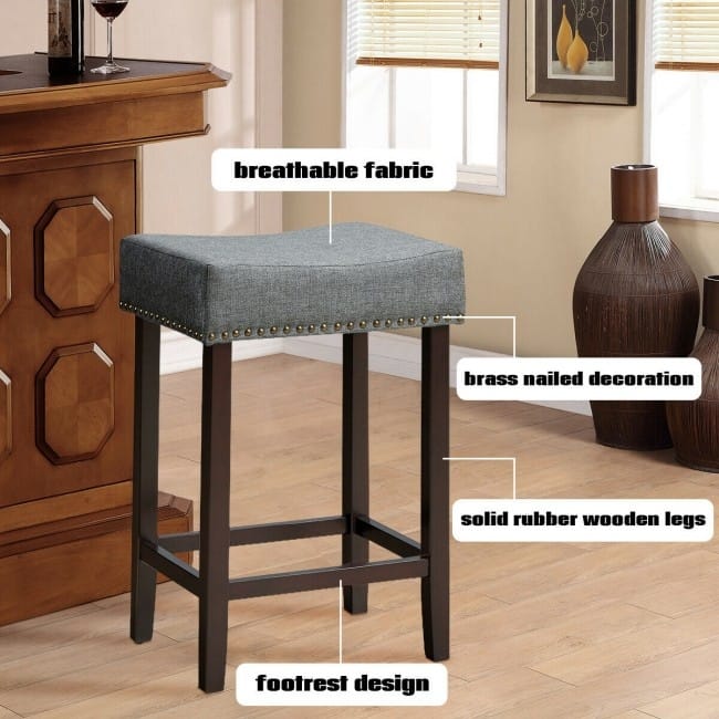 2 pcs Nailhead Saddle Bar Stools with Fabric Seat & Wood Legs-Gray - 17.5" x 13.5" x 24" (L x W x H)