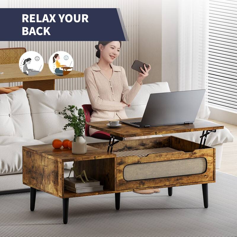 Mixoy 47" Lift Top Coffee Table with Storage and Hidden Compartment,Modern Wooden Center Table with Rattan Weaving Decoration
