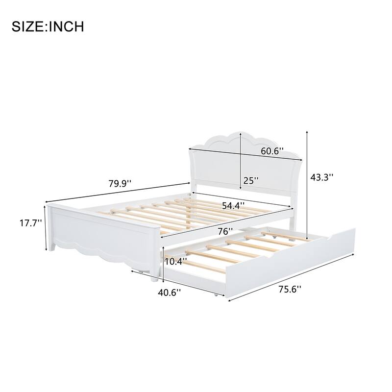 White Full Size Wood Platform Bed with Headboard and Twin Trundle