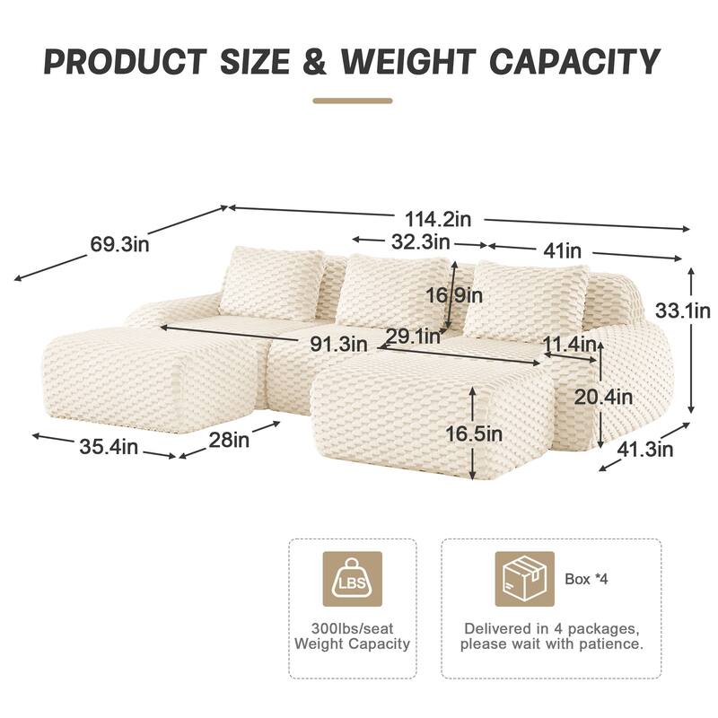 114" Modern Modular Sectional Sofa for Living Room,Boneless Sofa,Deep Seat,Buckle Connection,Anti-slip Design,2 Movable Ottoman