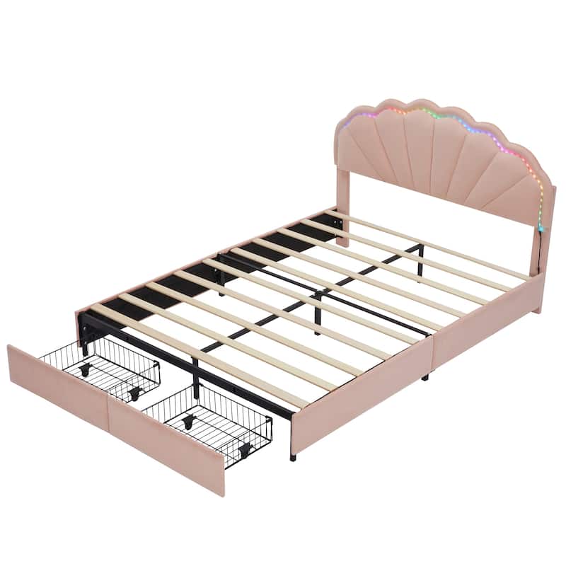 Full Size Upholstered Princess Bed, Smart LED Bed Frame with 2 Drawers, Velvet Fabric Platform Bed Frame with Petal Headboard