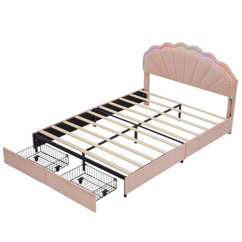 Upholstered Smart LED Bed Frame with Storage Drawers and Chic Double Petal Headboard