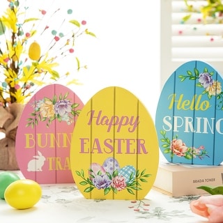 Glitzhome 7.5"H Set of 3 Easter Wooden Easter Egg Table Decor