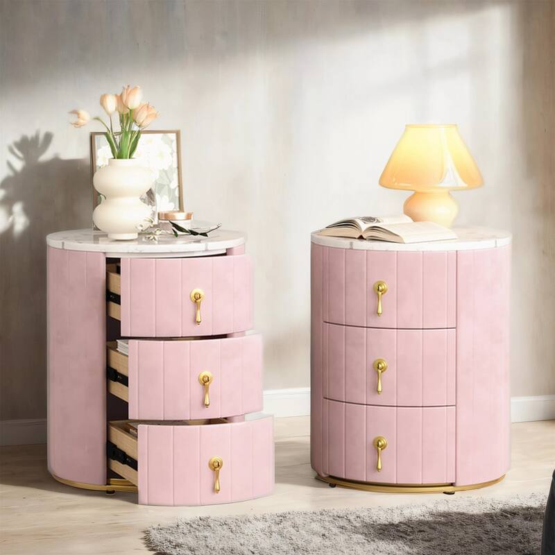 Upholstered Nightstand w/ 3 Drawers, Marble Top,Metal Handles,Set of 2