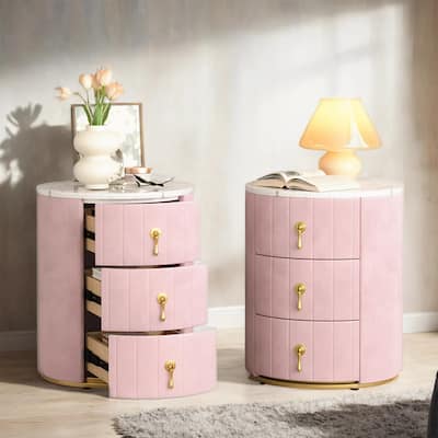 Upholstered Nightstand w/ 3 Drawers, Marble Top,Metal Handles,Set of 2
