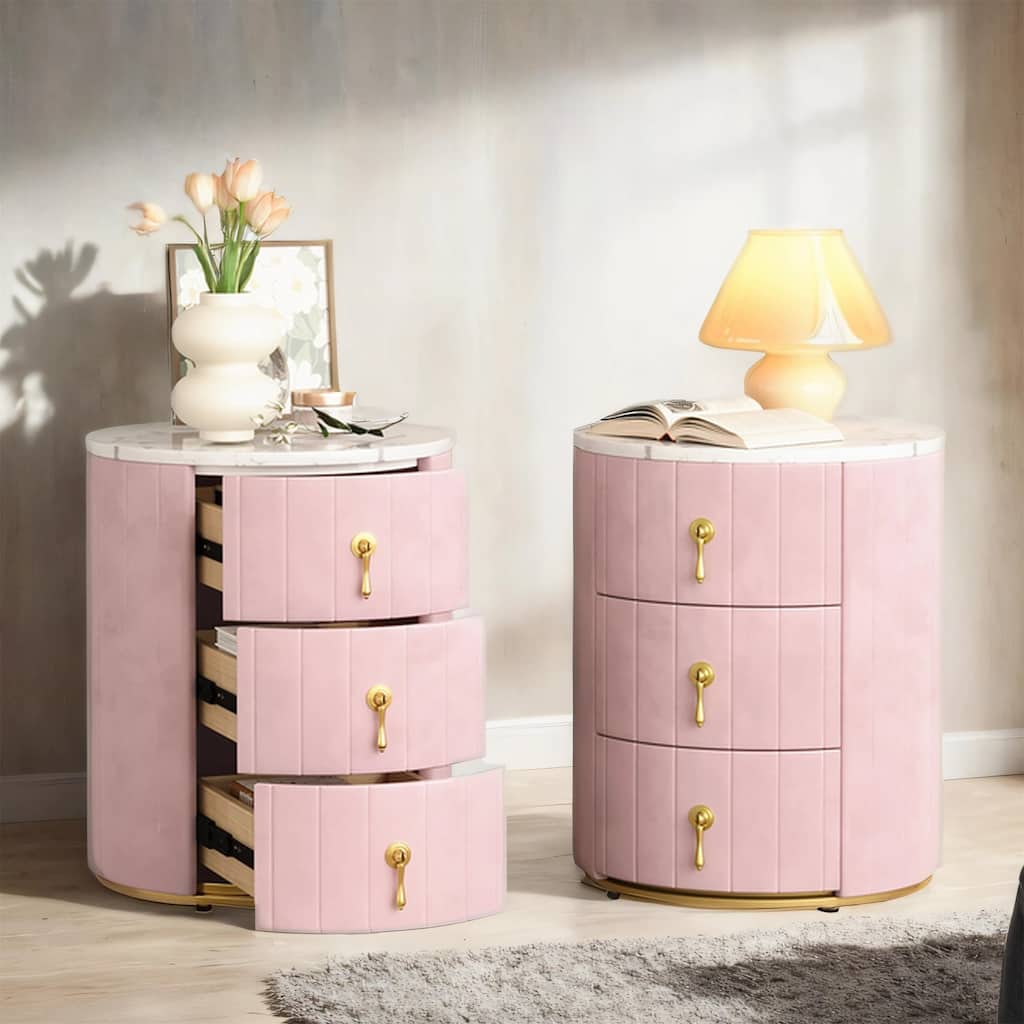 Upholstered Nightstand w/ 3 Drawers, Marble Top,Metal Handles,Set of 2