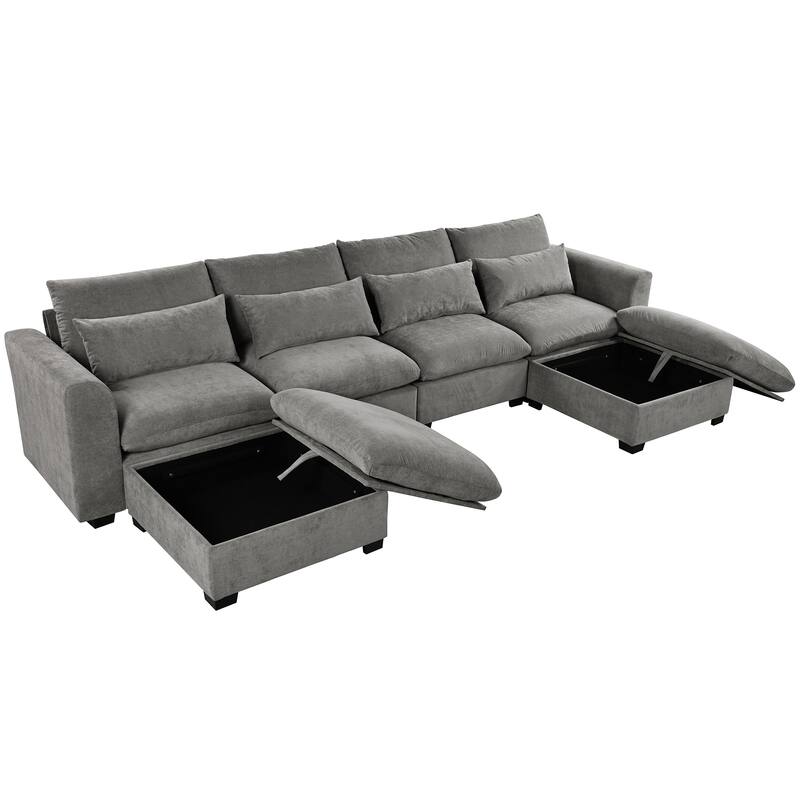 132.3" Linen Blend U-Shaped Sectional Sofa with Ottomans & Storage