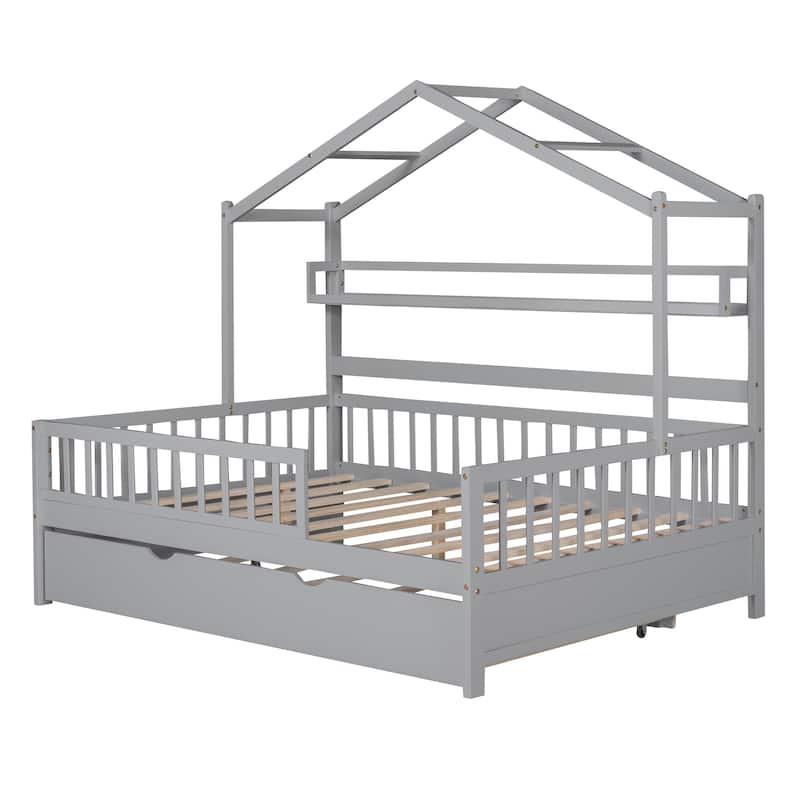 Kids Full House Bed with Twin Trundle and Built-In Storage Shelves, Wooden Bed with Roof Design