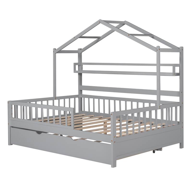 Wooden Full Size House Bed with Trundle - Multiple Storage Racks, Safety Barriers